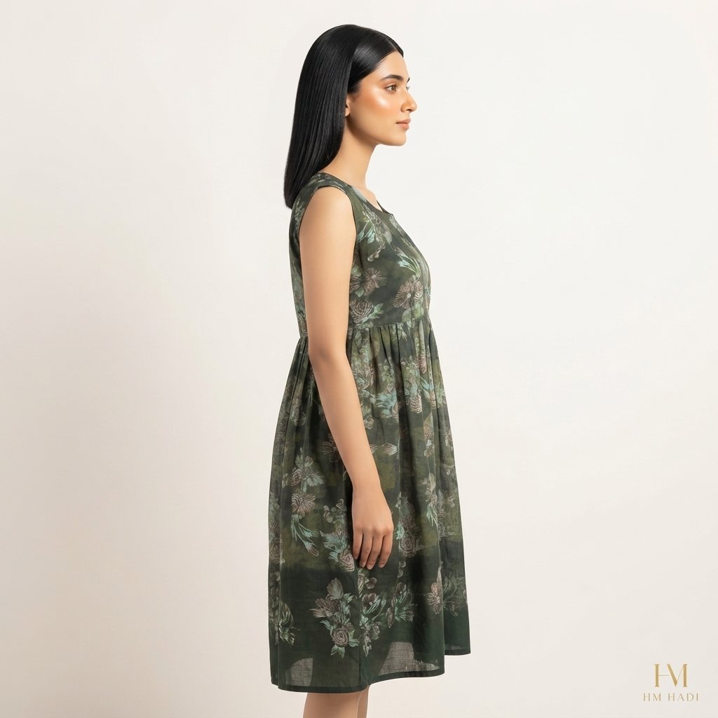 Dark Floral Gathered Waist Dress – HM HADI - Image 3