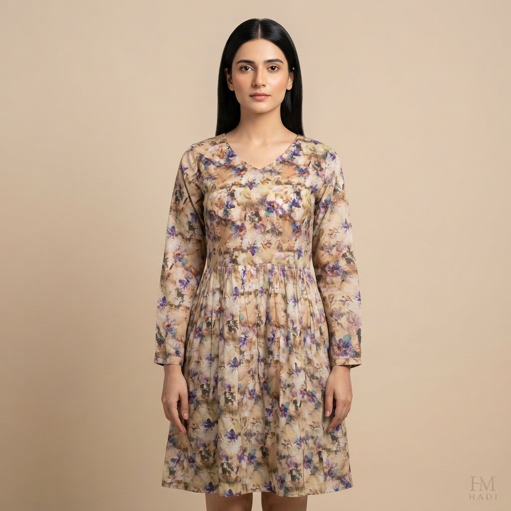 Dark Brown Floral V‑Neck Dress – HM HADI - Image 2