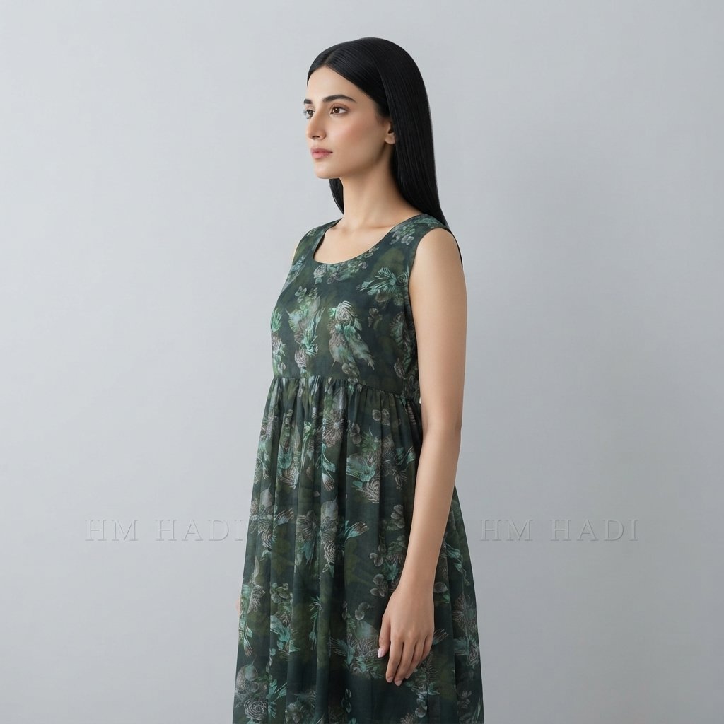 Dark Floral Gathered Waist Dress – HM HADI - Image 2