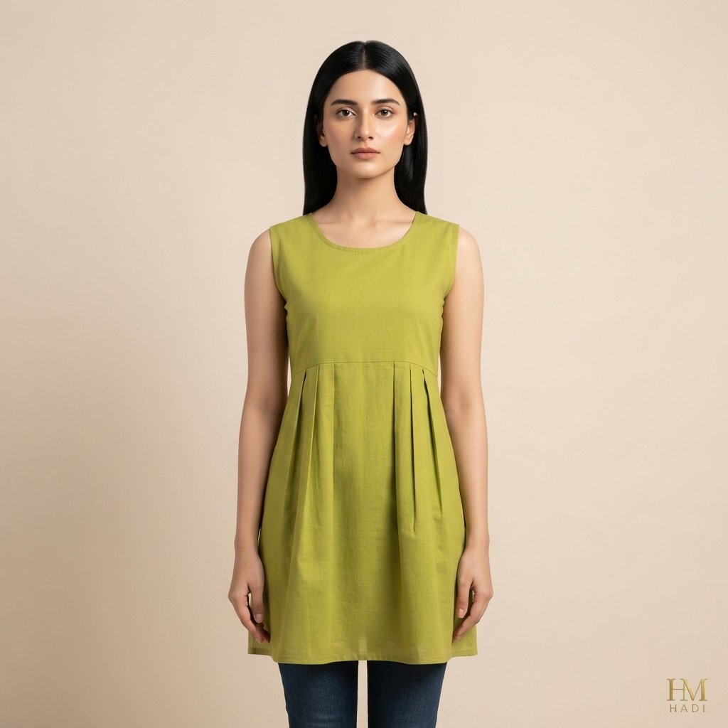 Lime‑Green Pleated Tunic Top – HM HADI