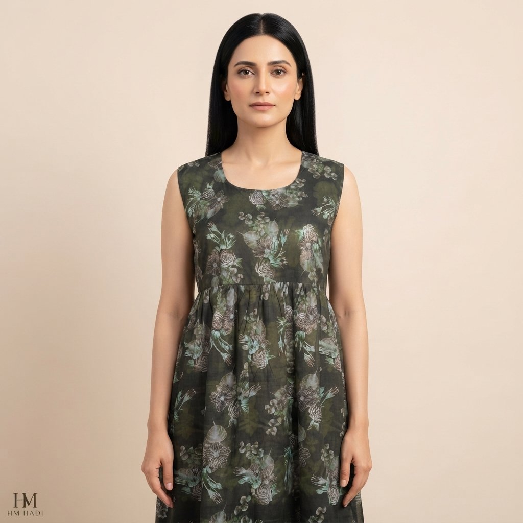 Dark Floral Gathered Waist Dress – HM HADI